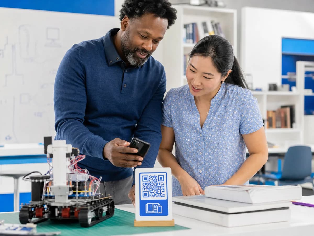 Adult instructor and learner scanning a QR learning resource in a makerspace