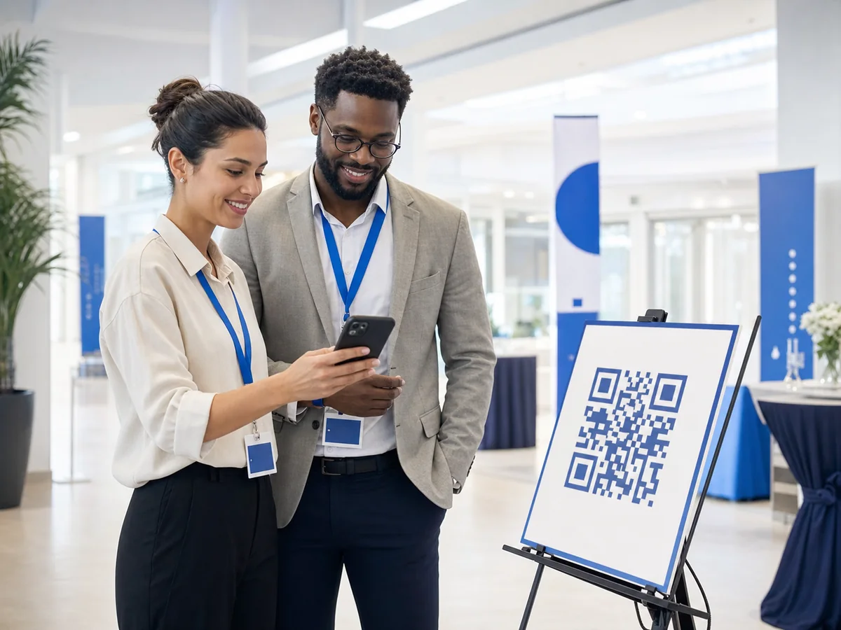 Event organizers testing a QR registration sign at a conference entrance