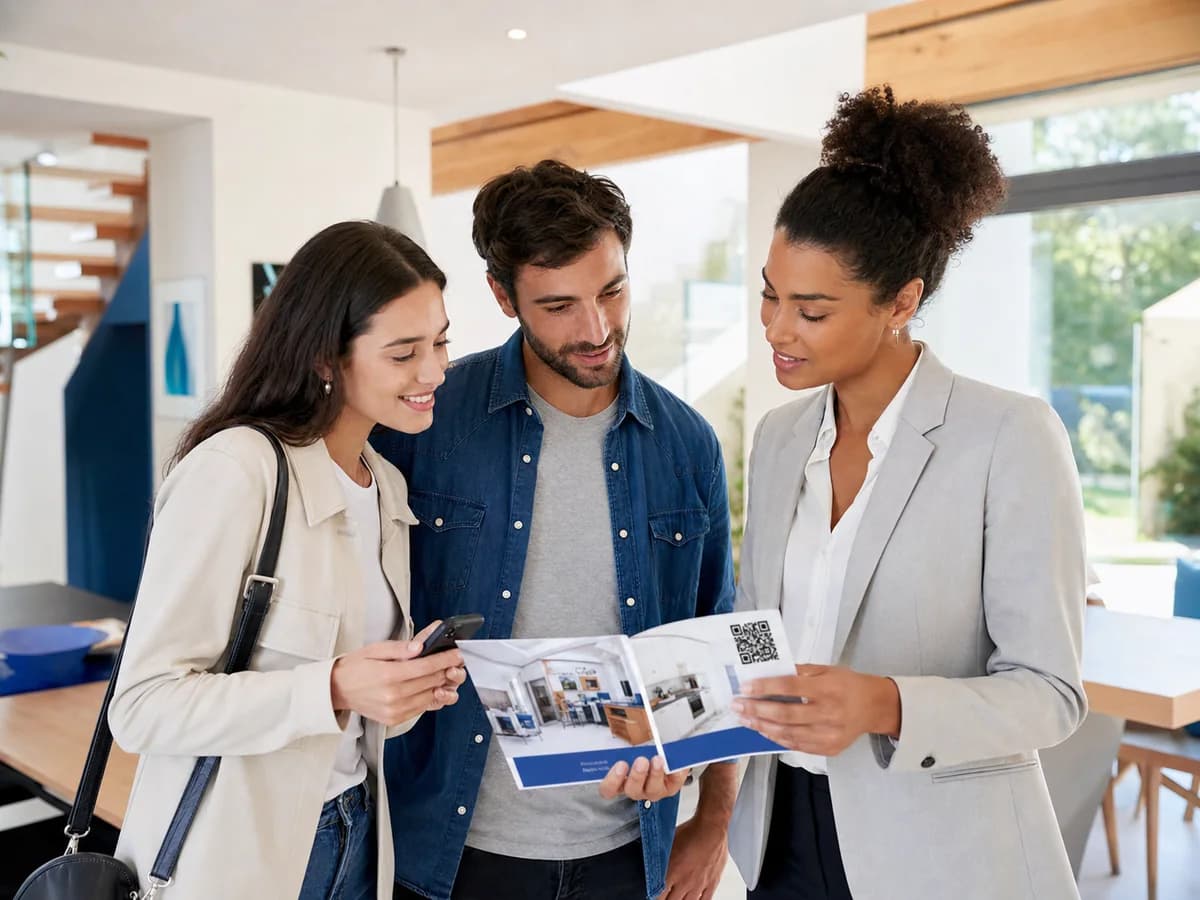 Real estate agent showing buyers a property brochure with a QR code