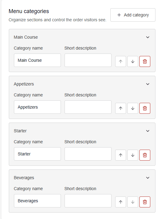 aQRify menu category editor showing ordered main course, appetizer, starter, and beverage sections