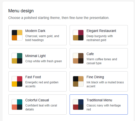 aQRify restaurant menu editor showing eight customizable visual themes
