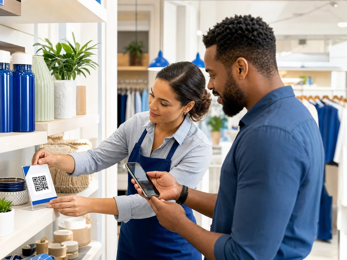Retail team updating a product information QR label on a store shelf